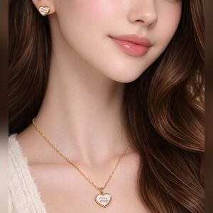 Miu Miu Heart Charm Necklace And Earrings Set in Gold and White